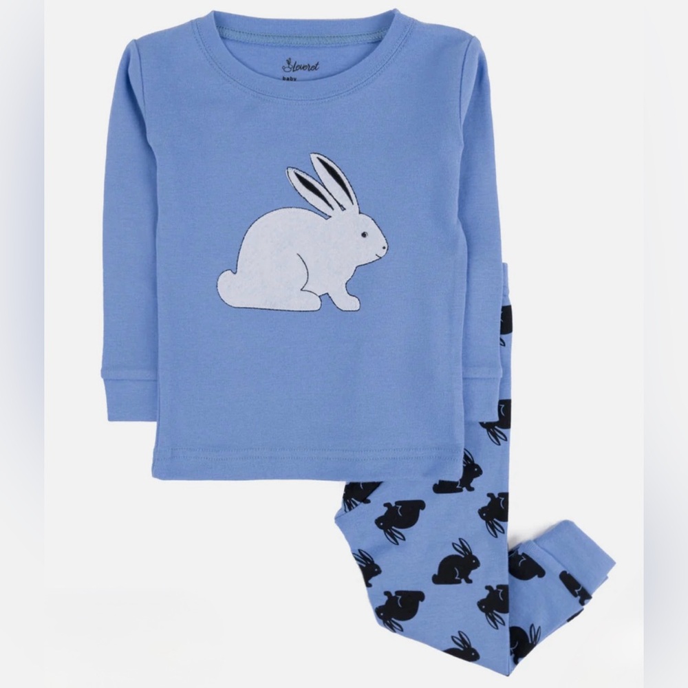 Kids Unisex Two Piece Blue Cotton Pajamas Bunny Sz 14